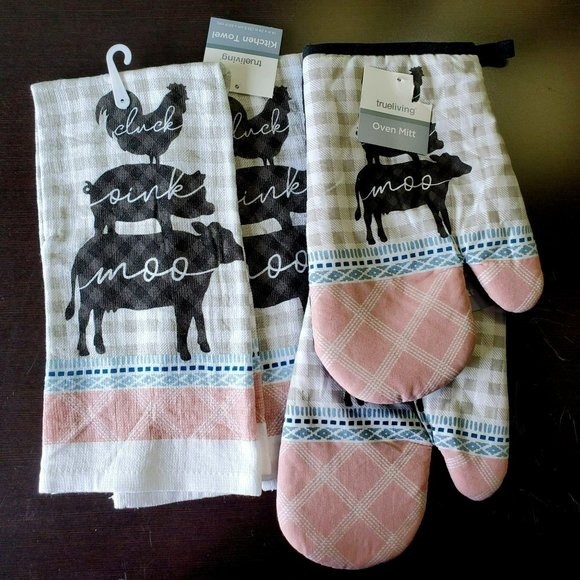True Living Kitchen Farm Animal Kitchen Set 4 Pc Towels Oven Mitts